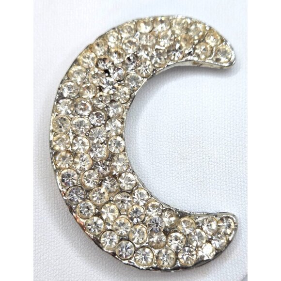 Vintage Rhinestone Crescent Moon Brooch Silver Tone - Picture 1 of 3